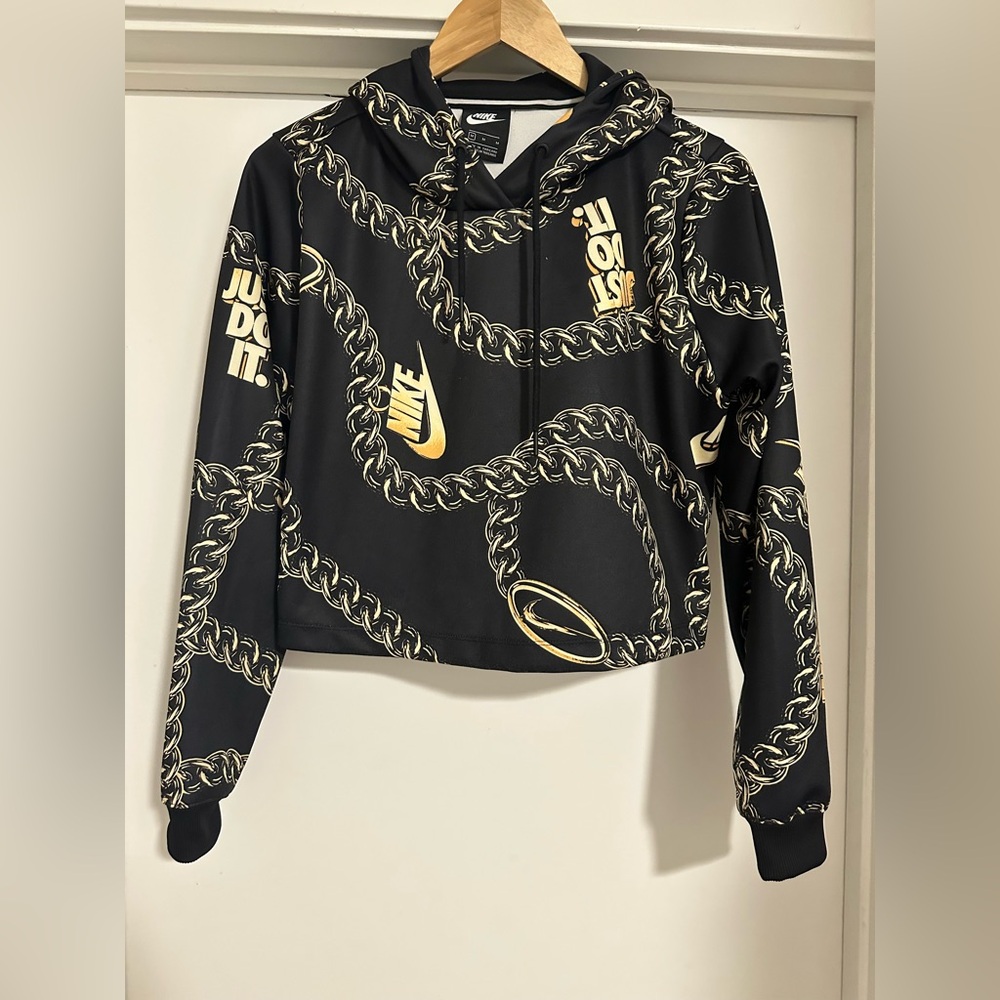 Nike Women's Black Hoodie with Gold Chain Design